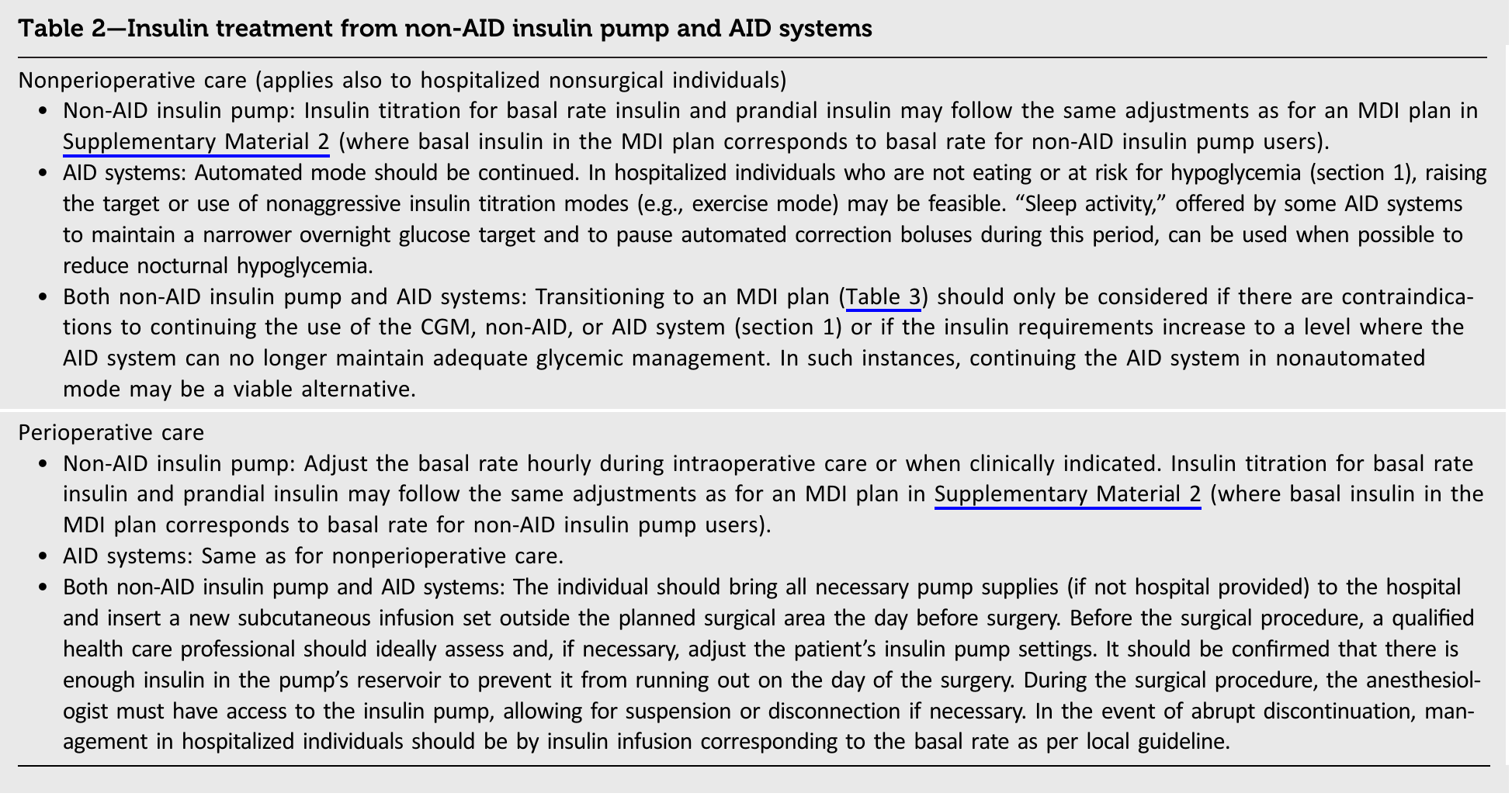 原文 Table 2：Non-AID pump 與 AID 的胰島素治療，保留完整標題、圖說與註解