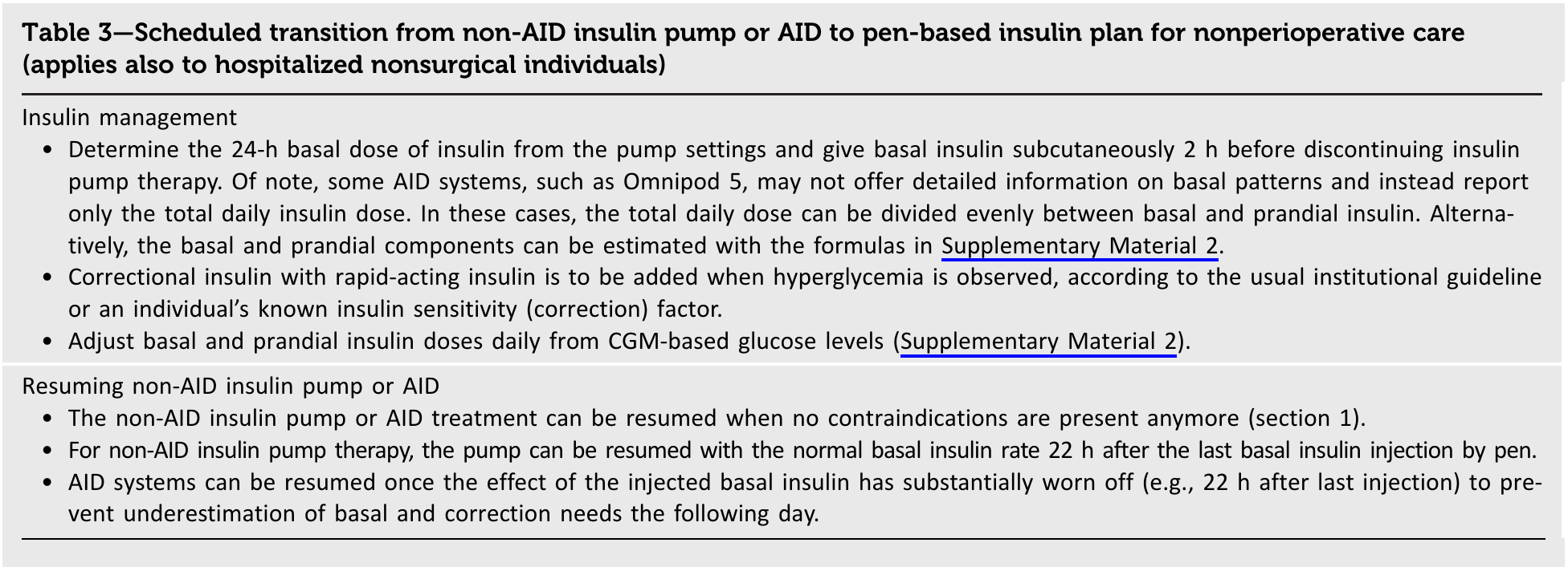 原文 Table 3：由 pump／AID 轉換至注射治療，保留完整標題、圖說與註解
